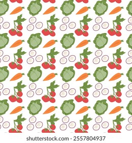 Colorful vegetable pattern with tomatoes, cabbages, carrots, and cucumbers.