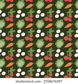 Colorful vegetable pattern with tomatoes, cabbages, carrots, and eggplants on green background.