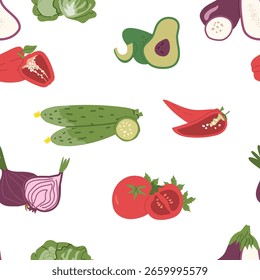 Patrón vegetal colorido con tomates, pimientos, pepinos, aguacate y berenjena.