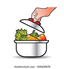 colorful vegetable saucepan with hand-vector drawing                                 