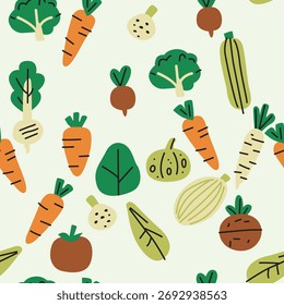 Colorful Vegetable Seamless Background in Cute Doodle Style 