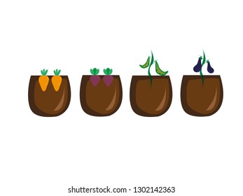 Colorful vegetable vector design illustration, carrot, radish, green pea, eggplant, root vegetables