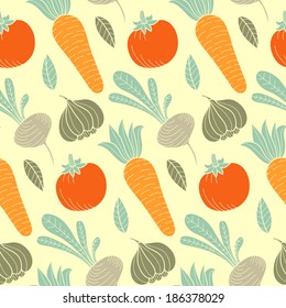 Colorful vegetable vector seamless pattern with carrot, tomato, turnip, radish, garlic and leaf. Organic food hand drawn background