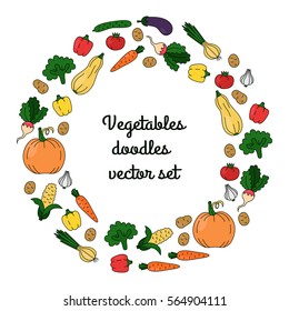 Colorful vegetables doodles round text border frame