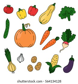 Colorful vegetables doodles vector set drawing eco food pumpkin onion pepper 