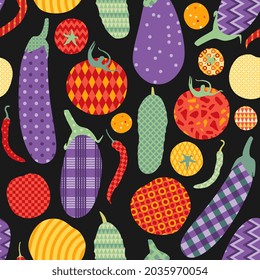 Colorful vegetables - eggplants, tomatoes, cucumbers, hot peppers - on black background. Patchwork design. Seamless pattern. 