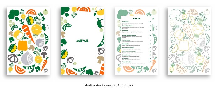 Colorful vegetables and fruit - eat colors for health, food rainbow isolated on white. Vector illustration of fresh organic red, green, yellow and orange meal used for magazine, poster, menu cover