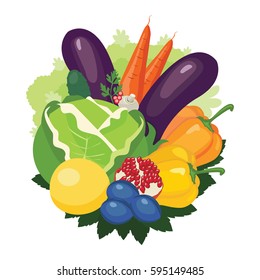 Colorful vegetables, fruits and mushrooms in round, circle composition. Organic, eco, fresh, vegetarian, vegan healthy food isolated on white, vector