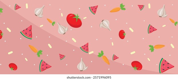 Colorful Vegetables and Fruits Pattern on Pink Background. A vibrant pattern showcasing a variety of vegetables and fruits on a cheerful pink backdrop. Ideal for food-related designs