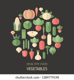 Colorful vegetables icons in round. Flat design. Black background.