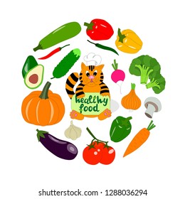 Colorful vegetables icons set,vector illustration with figure cat cook cartoon with handwritten calligraphy.