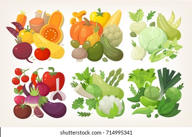 Colorful vegetables organized by color into square groups. Vector grocery elements