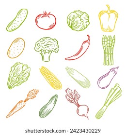 Colorful vegetables outline. Set of vector illustrations, healty food, veggies, vegetable stickers. Line art