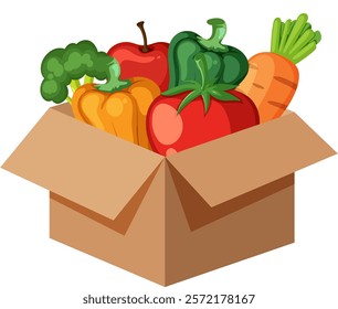 Colorful vegetables packed in an open cardboard box