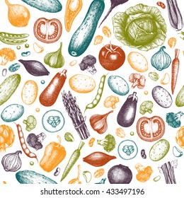 Colorful vegetables pattern. Seamless harvest background. Ink hand drawn healthy food sketch. Vintage illustration. 