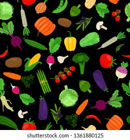 Colorful vegetables pattern. Vegetal seamless pattern, vegetable food ingredients texture, carrots radish beet pepper vector background