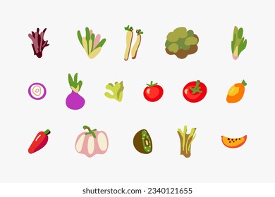 Colorful vegetables retro characters sticker set. Modern label with cute characters. Hand drawn doodles. Set in modern cartoon style.  60s, 70s vintage vibes.
