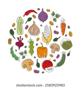 Colorful vegetables round shape form. Hand drawn vegetables isolated on white background. Color icons. Vector illustration used for magazine, poster, menu cover, web pages.