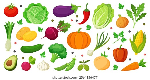 Colorful vegetables and salad icon set. Modern Hand drawn Trendy flat style. Organic vegetarian food. Tomato onion eggplant leek potatoes corn pepper beet cucumber. Vector flat illustration