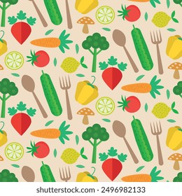 Verduras coloridas sin patrón con pepino, zanahorias, remolachas, brócoli, pimienta y tomate sobre fondo crema ligera. Para decoraciones de cocina, tela y textil 