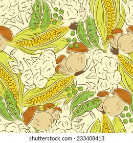 Colorful vegetables seamless pattern. Set of vegetables: cauliflower, green peas, corn, mushrooms. Colored sketch style.