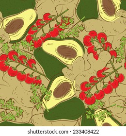Colorful vegetables seamless pattern. Set of vegetables: avocado, cherry tomatoes, parsley, ginger root. Colored sketch style.