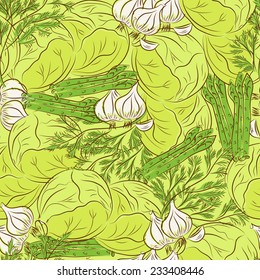 Colorful vegetables seamless pattern. Set of vegetables: dill, garlic, cabbage, asparagus. Colored sketch style.