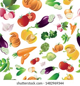Colorful vegetables seamless pattern vector illustration. Radish, pumpkin, artichoke, onion, garlic, cucumber, pepper, eggplant, pea, tomato, broccoli, carrot endless texture. Isolated on white