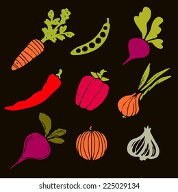 Colorful vegetables silhouettes set, funny hand drawn icons isolated on a black background. Art logo design