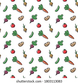 Colorful Vegetables Vector Seamless Pattern On White Background. Creative Doodle Style Pattern With Potato, Onion, Tomato, Carrot, Cucumber, Beetroot For Print, Fabric, Texture, Wallpaper, Etc.