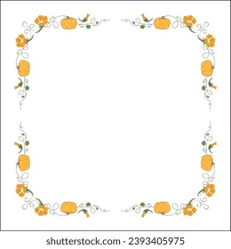 Colorful vegetal ornamental frame with nasturtium flowers and pumpkins, decorative border, corners for greeting cards, banners, business cards, invitations, menus. Isolated vector illustration.	