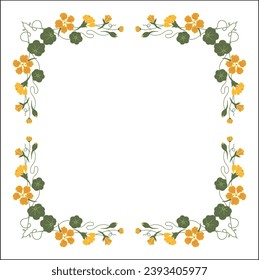 Colorful vegetal ornamental frame with nasturtium flowers, decorative border, corners for greeting cards, banners, business cards, invitations, menus. Isolated vector illustration.	