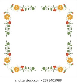 Colorful vegetal ornamental frame with nasturtium flowers, decorative border, corners for greeting cards, banners, business cards, invitations, menus. Isolated vector illustration.	