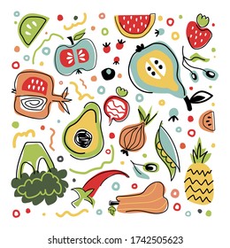 Colorful vegetarian illustration. Vector artistic doodle drawing food and vegan poster. Farm market, natural, local, organic fruit and vegetables. 