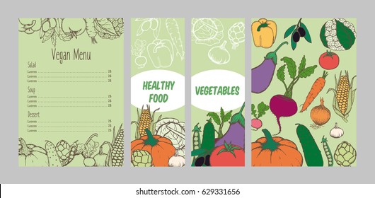 Colorful vegetarian menu template with hand drawn healthy vegetables and different meals vector illustration 