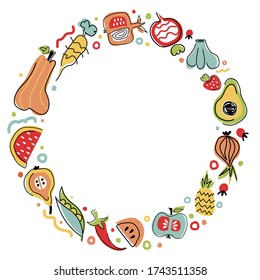 Colorful vegeterian frame in a circule shape. Vector artistic doodle drawing food and vegan poster. Farm market, natural, local, organic fruits and vegetables. 
