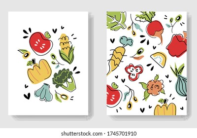 Colorful Veggies Cards. Vector Artistic Doodle Hand-drawing Vegan Posters. Bundle Of Cute Vector Illustrations Isolated On White Background. Healthy Diet Banner Template For Farming Market Fair