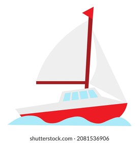 Colorful vehicle concept. Sticker with white ship and sail. Yacht for traveling by sea. Water transport. Design element for printing. Cartoon flat vector illustration isolated on white background