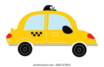 El concepto de vehículo colorido. Pegatina con taxi o auto amarillo. Servicio de transporte en la ciudad. Elemento de diseño para red social, aplicación. Dibujo vectorial plano de dibujos animados aislado en fondo blanco