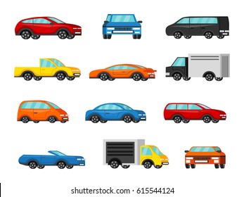 Colorful vehicles collection. Icons in orthogonal style. Cars of different types: 
cabriolet, sedan, coupe, truck, jeep. Vector illustration