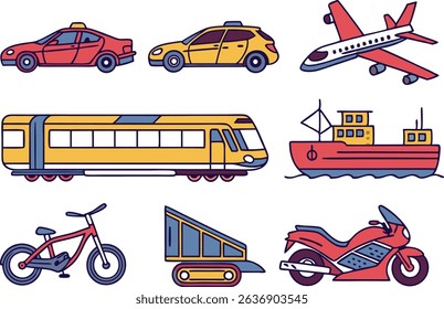Colorful Vehicles and Transportation Illustrations Collection. Transportation and Vehicle Icons in Colorful Illustration Style. Vehicles and Transport Elements Illustration Set