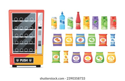 Colorful Vending Machine Offering A Tempting Array Of Snacks And Drinks. Rows Of Enticing Products, From Chips To Sodas