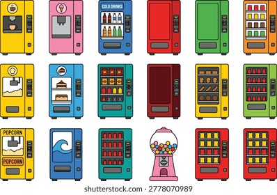 Colorful Vending Machine Vector Set Featuring Snack Drink Coffee Dessert and Popcorn Dispenser Illustrations.eps
