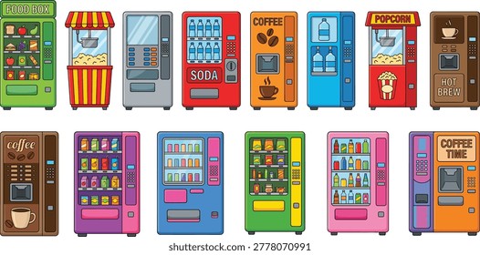 Colorful Vending Machine Vector Set Featuring Snack Drink Coffee Dessert and Popcorn Dispenser Illustrations.eps

