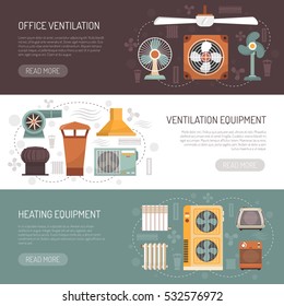Colorful ventilation conditioning and heating equipment for office and home flat banners isolated vector illustration