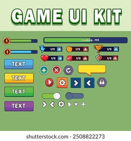 Kit de UI de jogo colorido e versátil com botões, ícones e barras de progresso. Ideal para jogos móveis, da Web e independentes. Facilmente personalizável e de fácil utilização