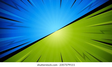 Fondo colorido versus estilo cómico con efecto de rayo y medio tono.