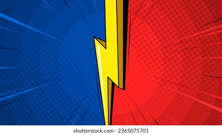 Colorful versus comic style background with cartoon 3d lightning, zoom line and halftone effect.