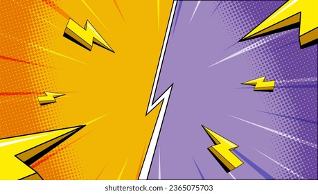 Colorful versus comic style background with cartoon 3d lightning, zoom line and halftone effect.