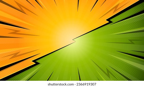 Fondo colorido versus estilo cómico con efecto de rayo y medio tono.